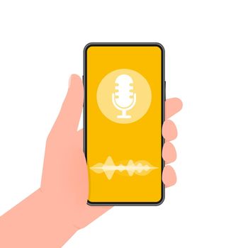 Hand holds phone with record podcast on screen on yellow background. Vector illustration.