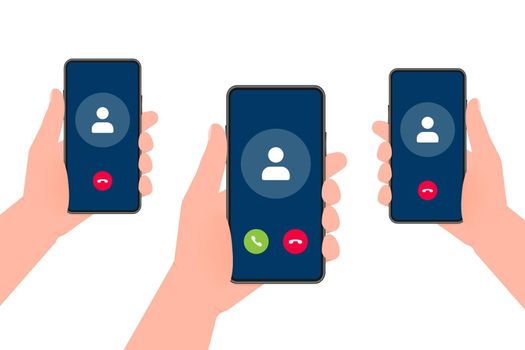 Three hands hold phones with call Incoming video call on screen on white background. Vector illustration.