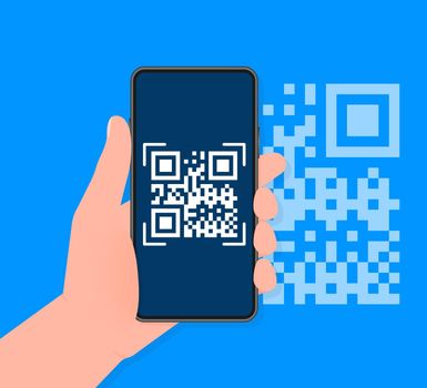Hand holds phone with scan qr code to pay on screen. Phone on blue background. Vector illustration.