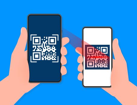 Hand holds phone with scan qr code to pay on screen. Phone on blue background. Vector illustration.