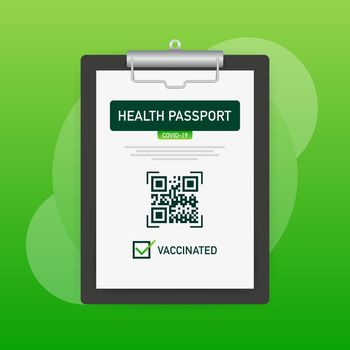 Health passport qr code in linear style on green background. Coronavirus vaccination. Vaccine certificate card