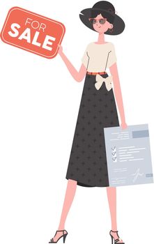 Girl with a document and a tablet in her hands for sale. The concept of selling a house. Isolated. Vector illustration.