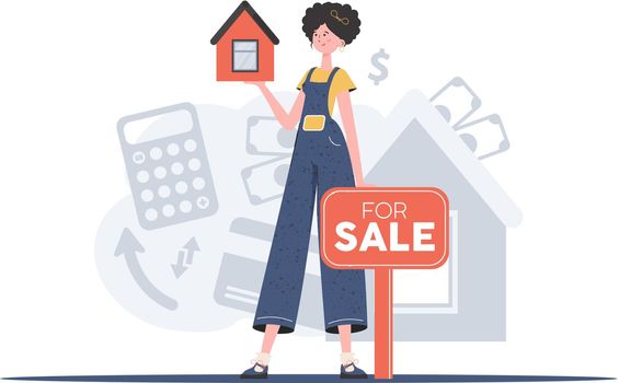 A girl with a for sale sign holds a small house in her hands. Real estate sale concept. trendy style. Vector illustration.