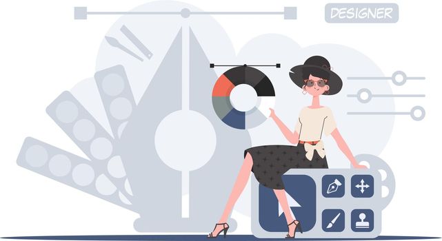 A woman sits on a design panel with a color palette. Design. Element for presentation.