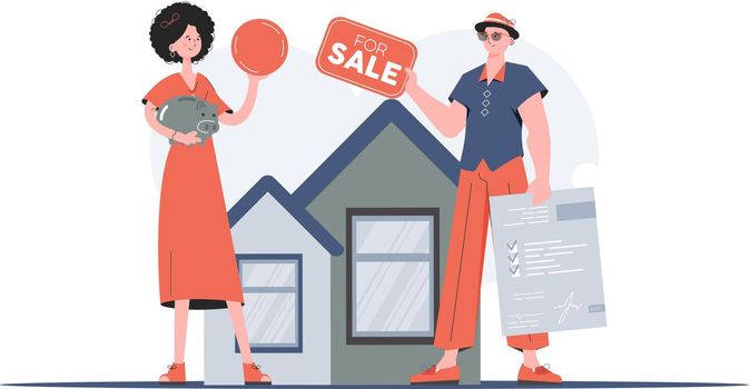 The girl is buying a house. Realtor with tabular for sale and document. The concept of buying a house. Trend vector illustration.