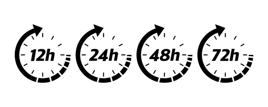 12, 24, 48 and 72 hours clock arrow. Vector work time effect or delivery service time icons. Vector illustration