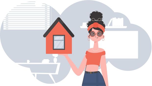 The girl is depicted waist-deep holding a small house in her hands. Selling a house or real estate. trendy style. Vector illustration.