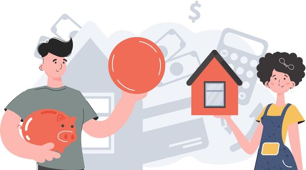 The family buys a house. The concept of buying real estate or an apartment. People are depicted to the waist. Trend vector illustration.