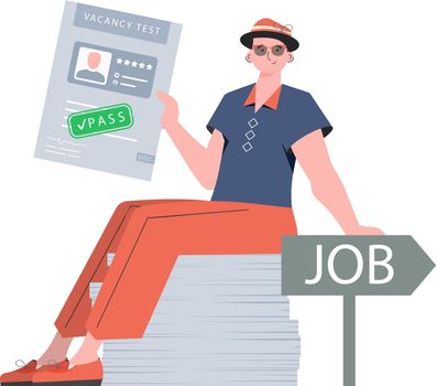 A man holds a passed test for a vacancy in his hands. The concept of finding employees. Trend style, vector illustration.