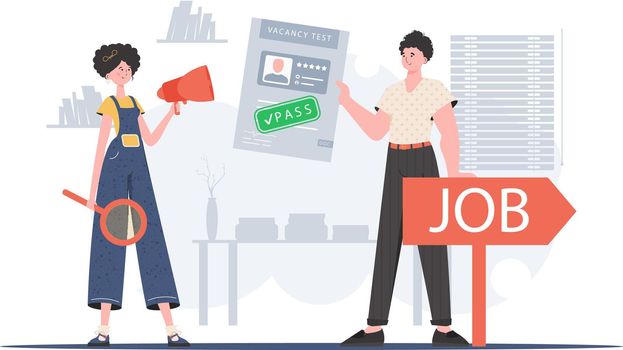 HR team. Girl with a mouthpiece. A man with a job test passed. Job search concept. Trend style, vector illustration.