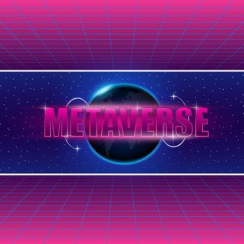 Metaverse technology concept. Digital space. Virtual reality. 3d vector. World map.