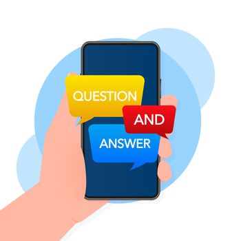 Question and Answer Bubble Chat icon on screen of smartphone. Vector illustration