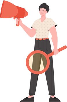 A man stands in full growth with a magnifying glass and a loudspeaker in his hands. Isolated. Element for presentation.