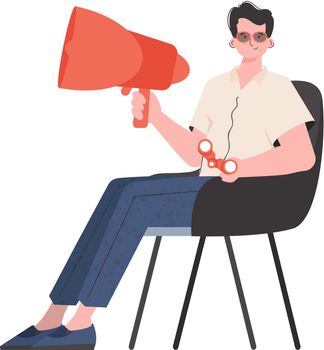 A man sits on a chair with a loudspeaker. Isolated. Element for presentation.