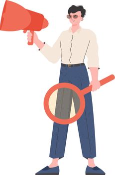 A man stands in full growth with a magnifying glass. Isolated. Element for presentation.