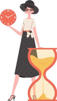 A woman stands in full growth with an hourglass. Isolated. Element for presentation.