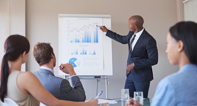Shot of a business manager presenting financial data to his colleagues during a meeting.