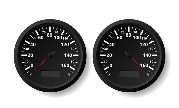 Two realistic speedometers with different arrow positions on white background. Vector illustration.