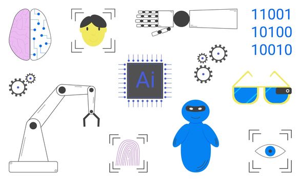Set of artificial intelligence elements. Robotization. Identification by face, fingerprint and cornea of the eye. Vector