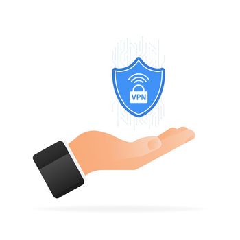 VPN flat blue secure label in hand on white background. Vector illustration