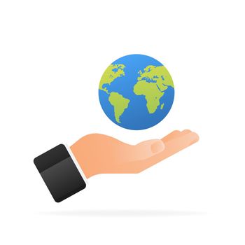 Vector planet Earth icon with hand. Flat planet Earth icon