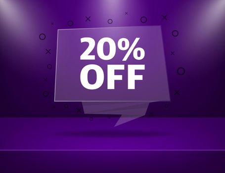 Trendy flat advertising with purple 20 percent discount flat badge for promo design. Poster badge. Business design. Vector illustration