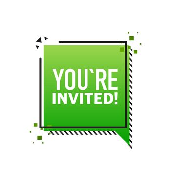 You are invited megaphone green banner in flat style on white background. Vector illustration