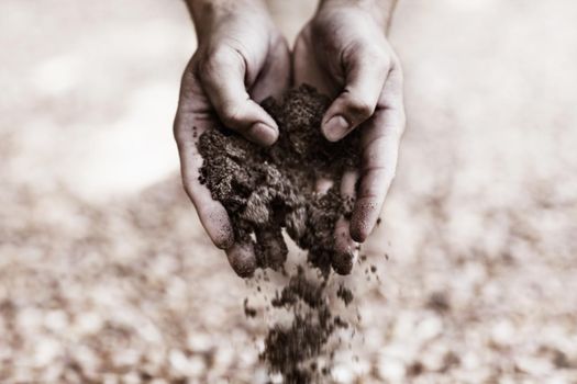 Returning the earth. Two hands holding dirt.