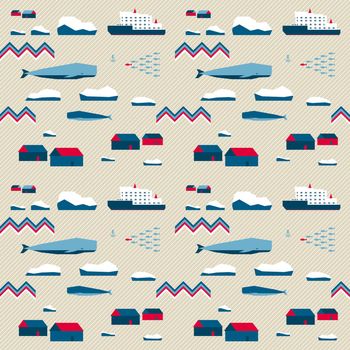 Seamless pattern, village and whales
