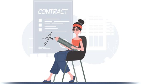 A woman sits in a chair to put her signature on a cooperation document. Partnership. Element for presentation.