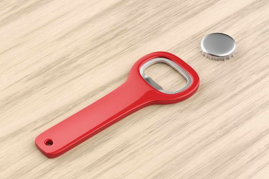 Silver beer cap and red bottle opener on wooden table