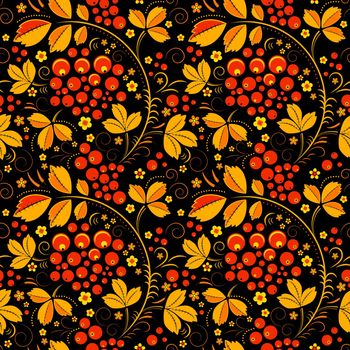 Black seamless pattern in floral folk tradition