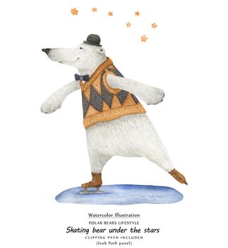 Bear skate under the stars, close-up illustration