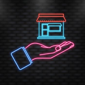 Neon Icon. Online store in hand, great design for any purposes. Isolated vector illustration. Pharmacy vector graphic. Online shop.