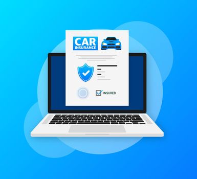 Flat infographic. Car insurance icon on blue background. Flat isometric vector illustration