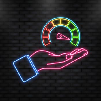 Neon Icon. Credit score speedometer in hand on white background.