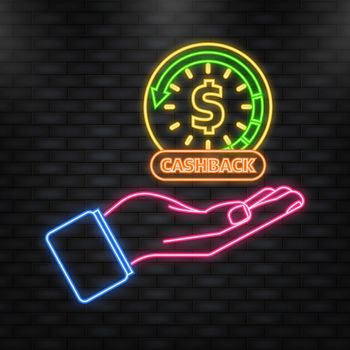 Neon Icon. Cartoon icon with cashback in hand. Editable illustration. Fast money concept. Editable stroke.