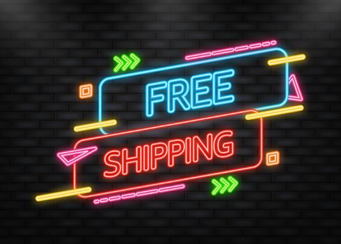 Free shipping service badge. Neon style banner. Vector illustration
