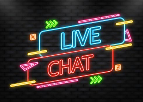 Live chat in neon style. Online support call center. Customer service. Client comment. Live button.