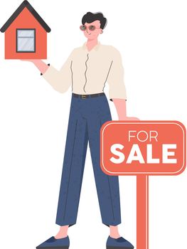The man holds the house in his hands. Selling a house or real estate. Isolated. Vector illustration.
