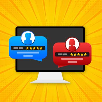 Customer review with gold star icon in laptop screen. Vector illustration
