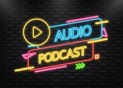 Neon Icon. Audio podcast banner, yellow emblem label. Vector illustration