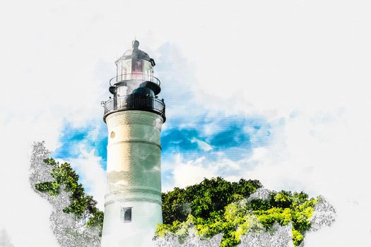 Watercolor painting illustration of Lighthouse isolated on white background
