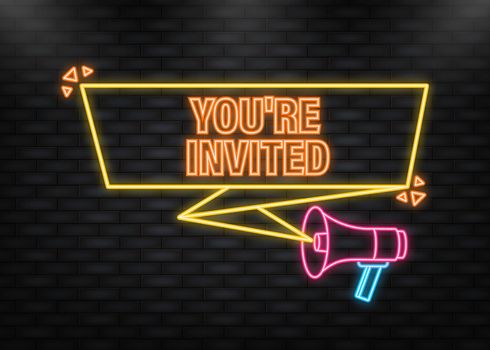 Neon Icon. You are invited megaphone yellow banner. Vector illustration