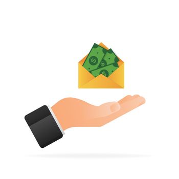 Money in envelope with hand in flat style on white background. Vector flat illustration. Send money