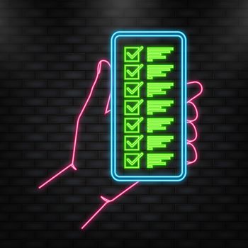 Neon Icon. Hand holds phone with check list on screen on green background. Vector illustration