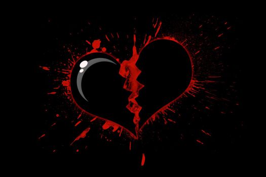 Stylized broken heart in blood on a black background