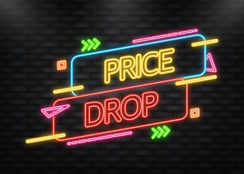 Neon Icon. Advertising with flat price drop for banner design. Vector background. Sale banner. Mega sale. Price tag.