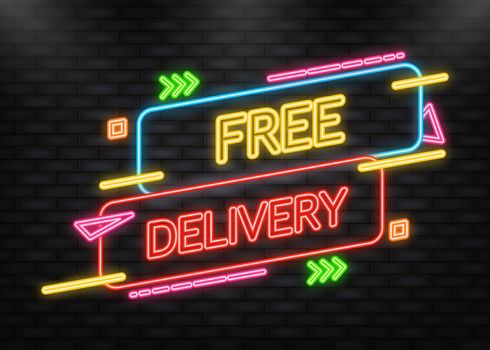 Neon Icon. Free delivery service badge. Free delivery order with car on white background. Vector illustration