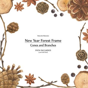 New year design frame with cones and branches